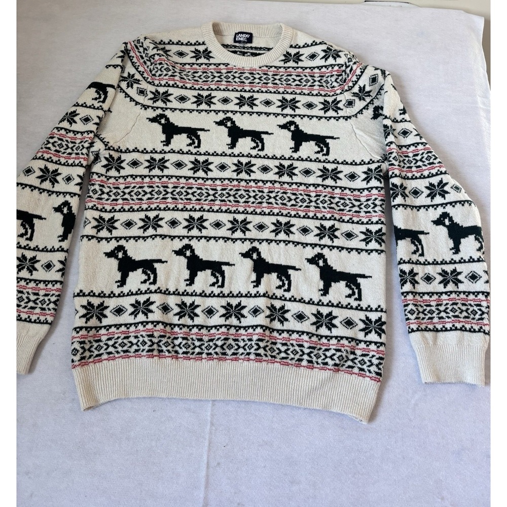 Lands' End Sweater Mens XL Cream Fair Isle Stretch Dog‎ Pullover Cotton Holiday